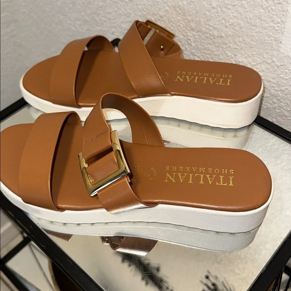 Italian Shoemakers Tan Slide Sandals with Gold Buckle - Picture 4 of 5